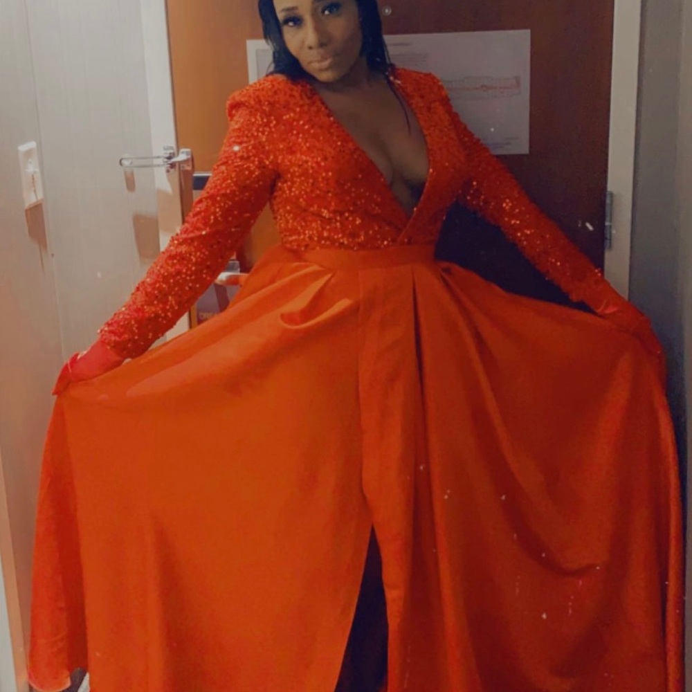 Red sequence and satin Gala gown.